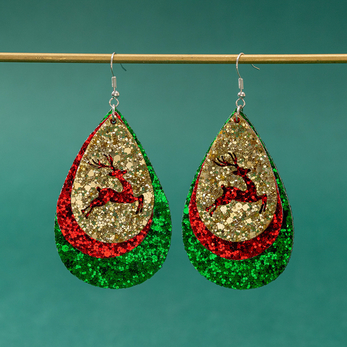 Wholesale Christmas Water Drop Sequins Sparkling Pink Hollow Elk Leather Earrings